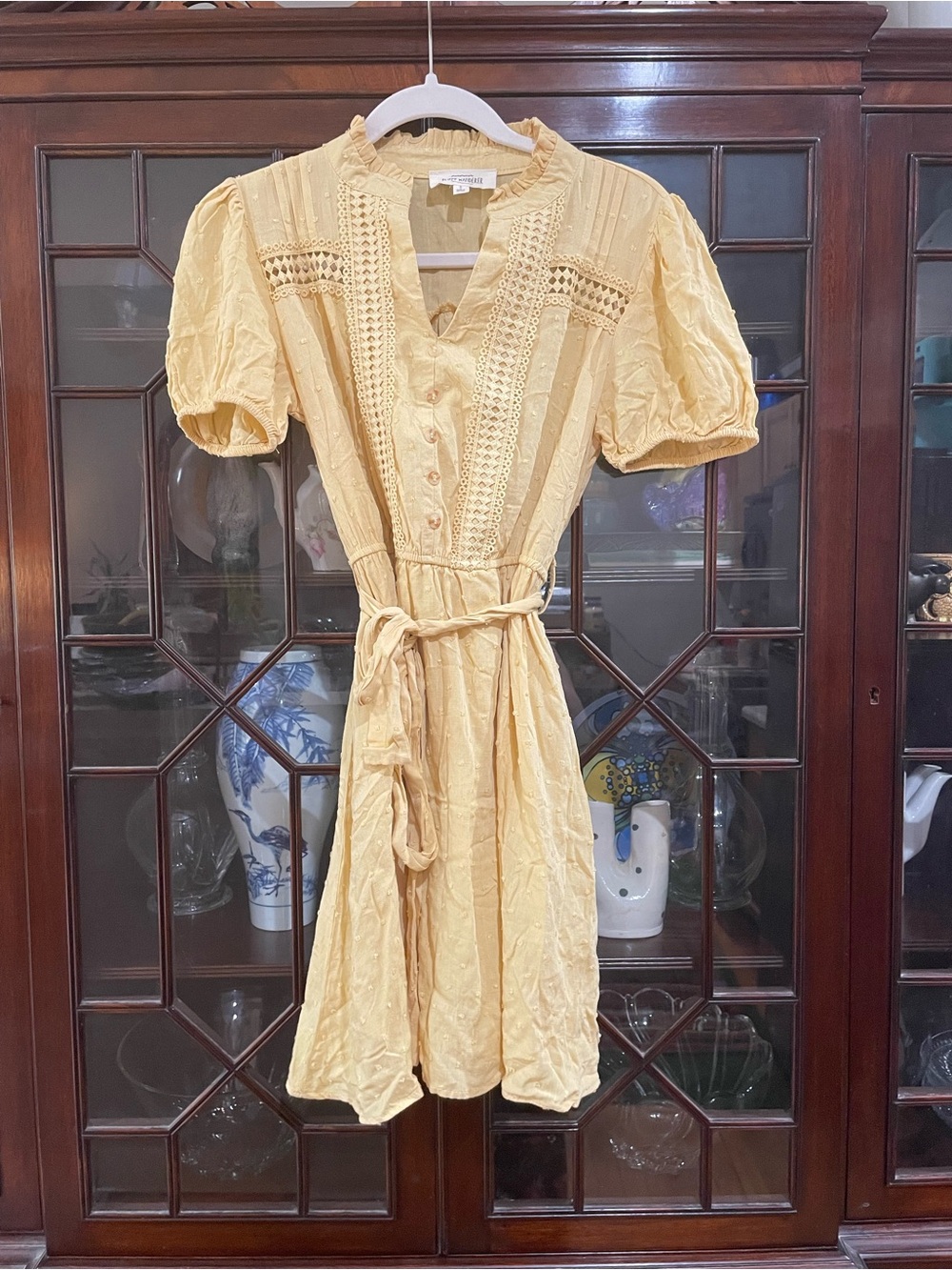 Sweet Wanderer Pale Yellow Eyelet Puff Sleeve 1/2 Lined Mini Dress